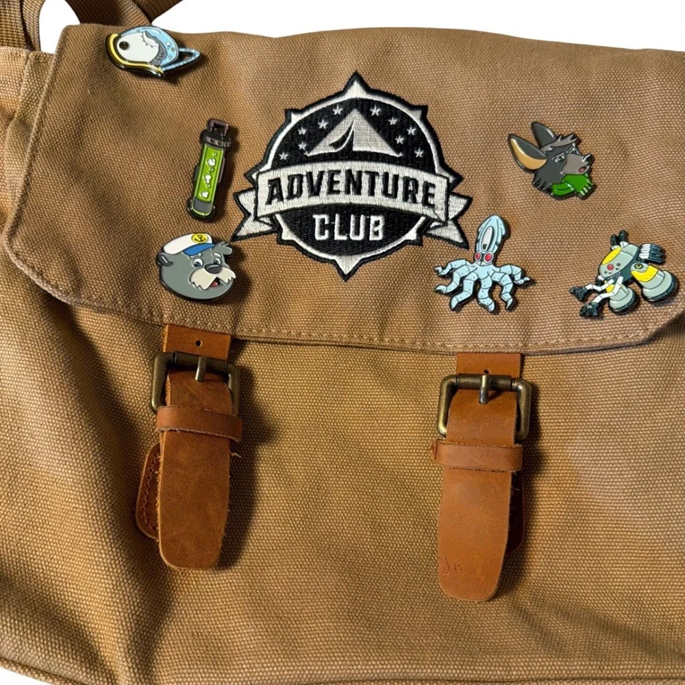 Adventure Club Tan Khaki Canvas Messenger Bag with Enamel Pins Satchel Crossbody